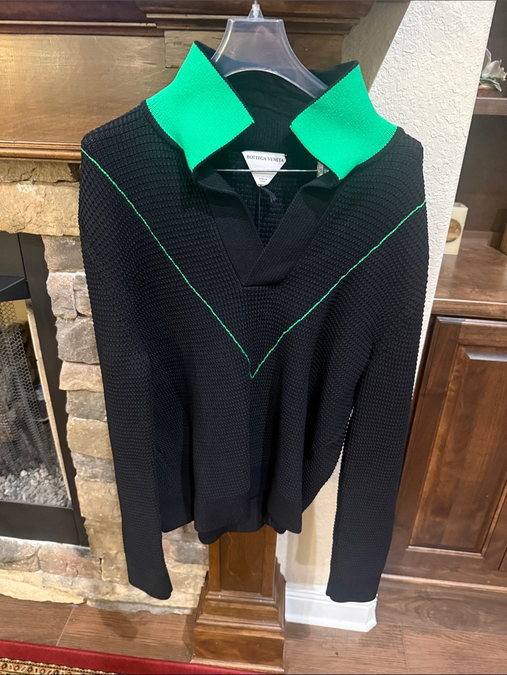 Bottega Veneta Black Knit V-Neck Sweater with Green Collar